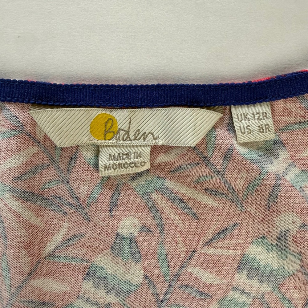 Boden Bird Print Elspeth Jersey Dress Pink Blue Short Sleeve Cotton Modal US 8R - Picture 4 of 9